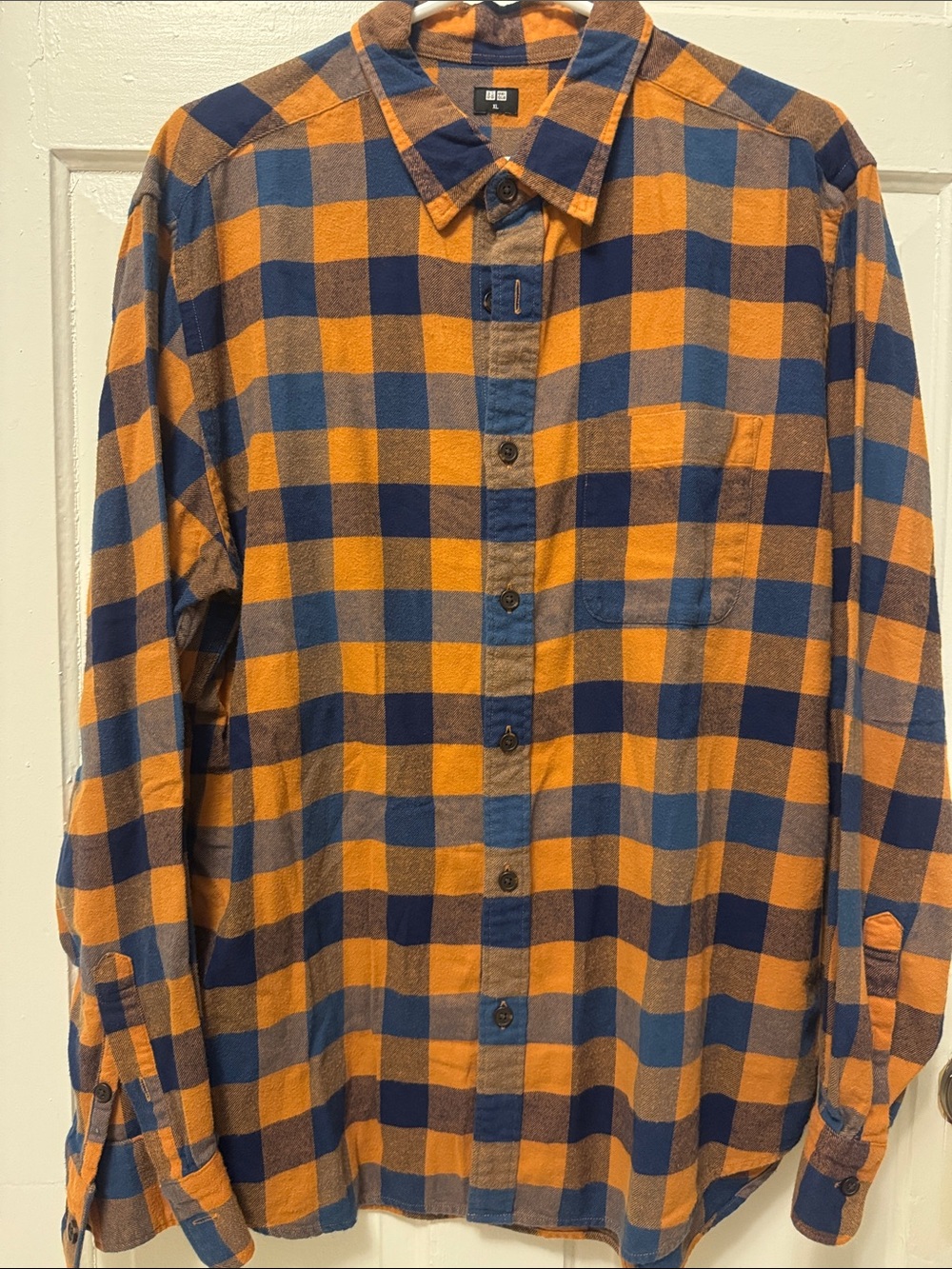 Uniqlo Orange and Navy Check Long-Sleeve Button-Down Shirt